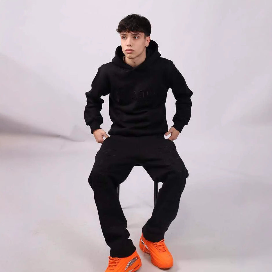 Pullover Hooded Sweater and Trousers Embroidered Set