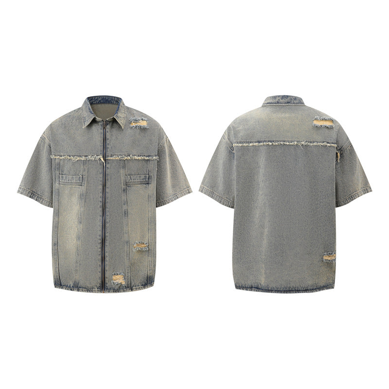 Hole-fronted denim zipper pants denim pants