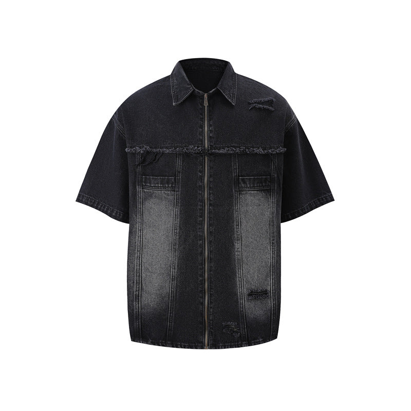 Hole-fronted denim zipper pants denim pants