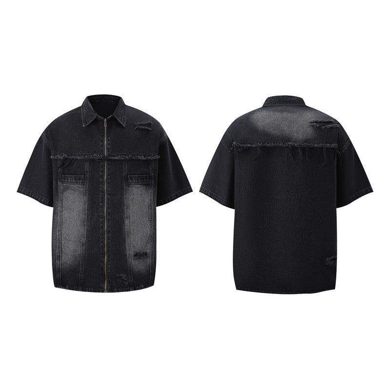 Hole-fronted denim zipper pants denim pants