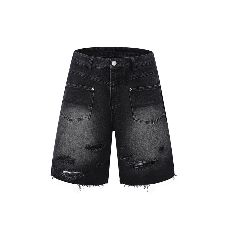 Hole-fronted denim zipper pants denim pants