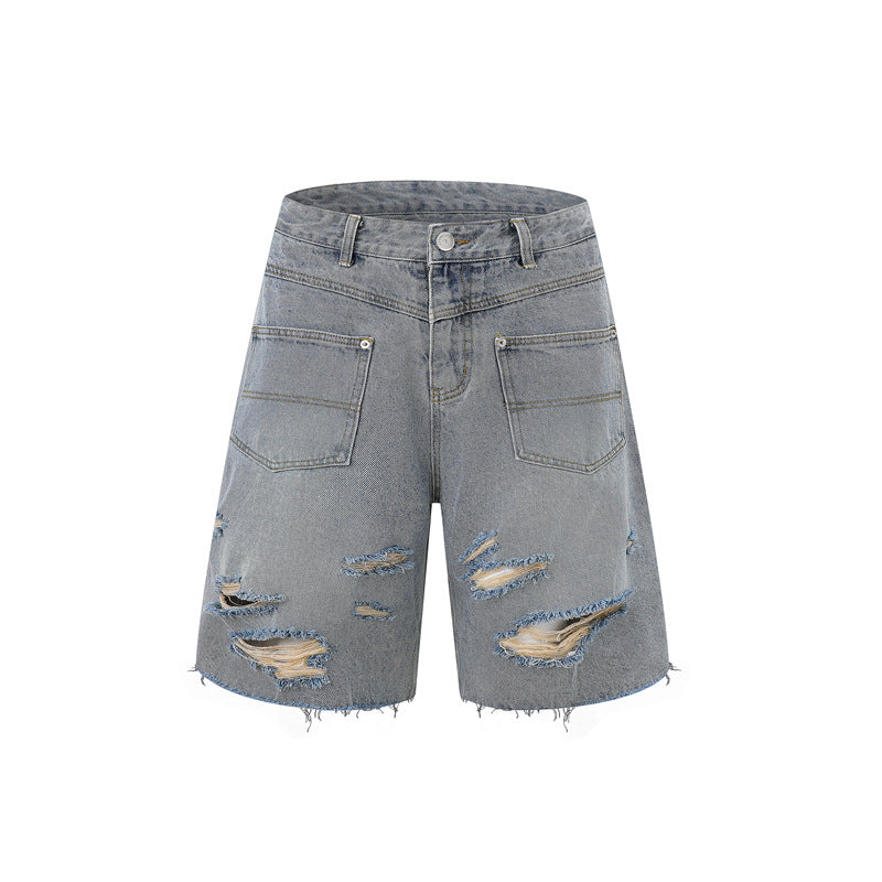 Hole-fronted denim zipper pants denim pants