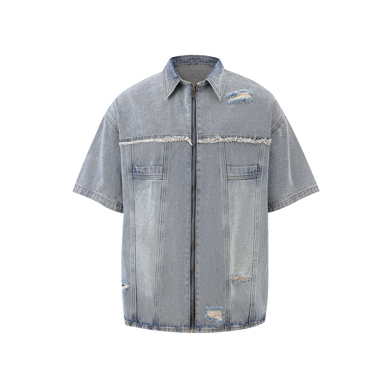 Hole-fronted denim zipper pants denim pants