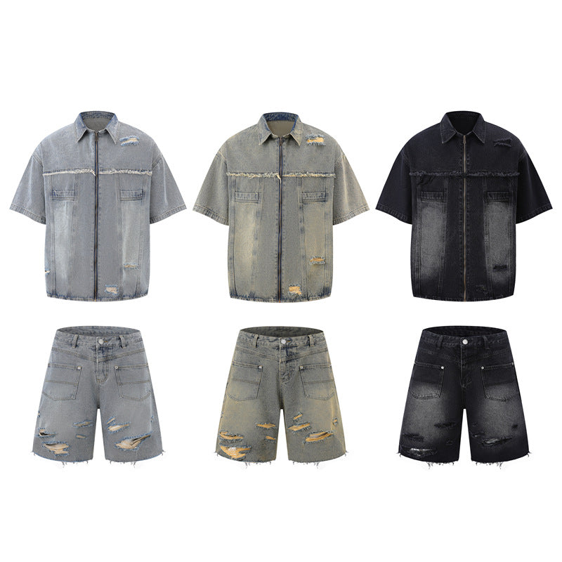 Hole-fronted denim zipper pants denim pants